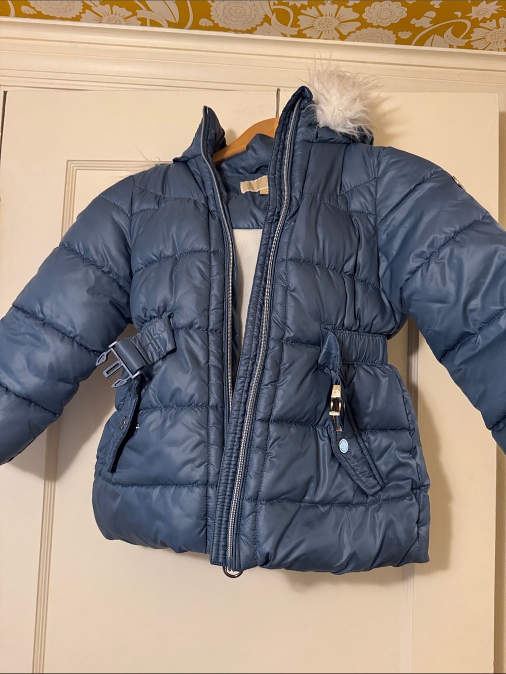 Michael Kors Blue Puffer Jacket with Faux Fur Trim